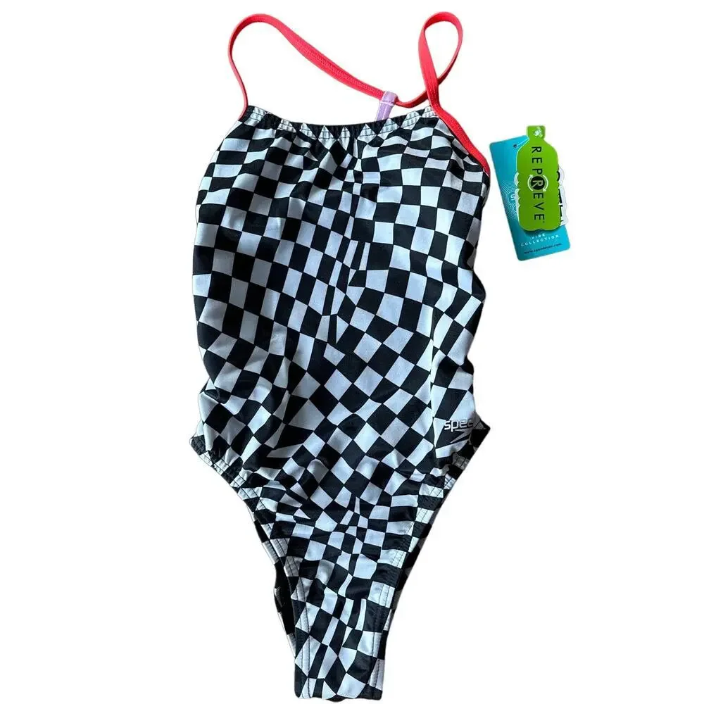 NWT Womens Speedo Vibe Printed T-Back Black White One Piece Swimsuit Size 24 XXS
